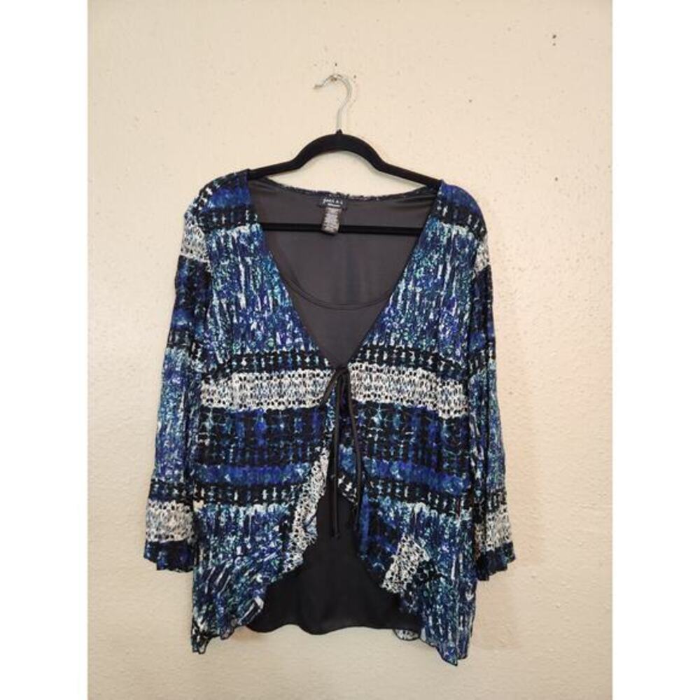 Joei & I Women's‎ Blue Black Stretch V-Neck Tie Front Long Sleeve Blouse Size 2X